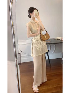 Elegant New Chinese Style Womens Fashion Set with Buttoned Cheongsam Top Wide Leg Pants Two Piece Suite Summer Collection