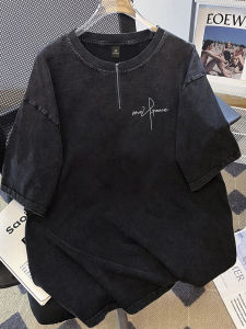 เสื้อยืดแขนสั้นผู้ชายสไตล์อเมริกันย้อนยุคแบบมีซิปครึ่งตัว ทรงหลวม ผ้าฝ้าย ระบายอากาศได้ดี สไตล์ลำลอง