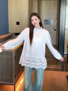 AMMIN 2025 Spring Sweet Lotus Leaf round Neck Long Sleeve White Shirt Womens Korean Style Fashion Hollow Lace Stitching Gentle Loose and Elegant Blouse