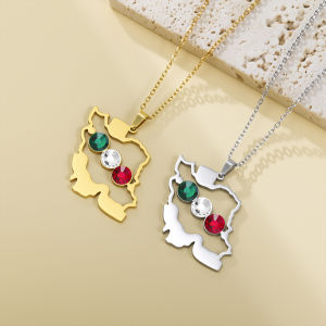 Iran map flag set with 3-color rhinestone necklace stainless steel red green white Iran ethnic map jewelry gift