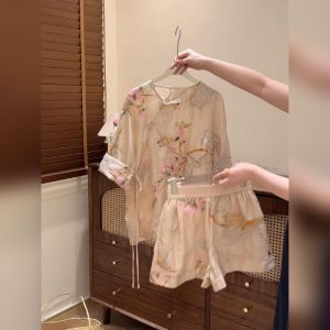 YUFUQING | New Chinese Style Retro Embroidered Button Shirt Set Women Summer Luxury High Waist Shorts Two Piece Set Thin Floral Print