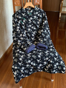 Chic Chinese Style Cotton Velvet Dress with Button Detail Loose Fit Midi Length Casual Wear for Women Autumn Winter Fashion