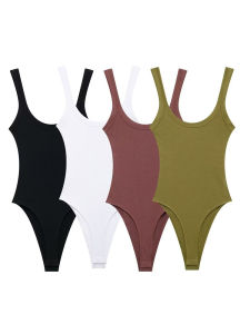 Nữ Slim Fit Gân Body Cổ Tròn Dây Nút Bấm Gợi Cảm Thời Trang Co Giãn Thoải Mái Mùa Hè Playsuits Màu Trơn