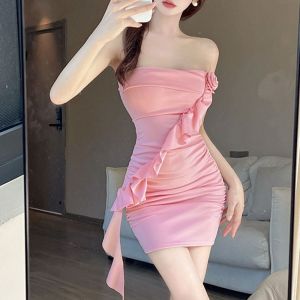 ชุดเดรสยาวคลุมเข่าสไตล์ฝรั่งเศส ทรงเอ เอวสูง แขนกุด ผ้าฝ้ายผสมโพลีเอสเตอร์ ฤดูร้อน 2025 ชุดเดรสสั้นเกาะอกเปิดไหล่