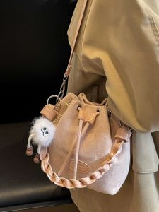 Korean Style Texture Bucket Bag Fashionable Matte Retro Design Ladies Single Shoulder Handbag Casual Crossbody Satchel
