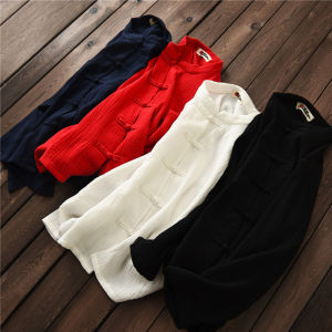 Unique Chinese Style Slim Fit Blue Casual Shirt Coat Stand Collar Womens Top Artistic Retro Long Sleeve Blouse Commute Wear