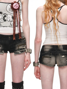 1JINN STUDIO | Faded Zipper Ripped Skinny Butt Lift Black Denim Shorts