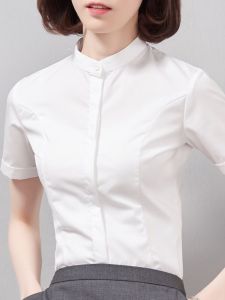 เสื้อเชิ้ตคอตั้งแขนยาวสีขาวสำหรับผู้หญิง ทรงเข้ารูป สไตล์เกาหลี ใส่ไปทำงาน สไตล์ธุรกิจ ปิดด้วยกระดุม ผ้าโพลีเอสเตอร์ ไร้ตะขอ