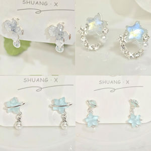 ต่างหูรูปดาวสีฟ้าคริสตัลผีเสื้อไข่มุก ดีไซน์เฉพาะตัว เครื่องประดับแฟชั่นสำหรับผู้หญิง เครื่องประดับหูสุดเก๋