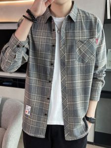 ROMON | Lormen Mens Long Sleeve Casual Shirt Trendy Checkered Striped Workwear Jacket Spring Autumn New Style Handsome Leisure Polyester Cotton Blend