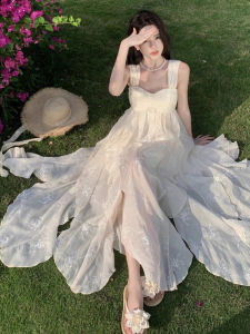 Elegant White Velvet Embroidery Strap Dress Beach Vacation Gown Ladylike Bell Sleeve Chiffon Long Skirt Polyester Fiber