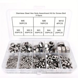 315-Piece Stainless Steel Hex Nut Kit M2-M10 for Industrial Equipment Home Repair Machinery Parts and Outdoor Maintenance.