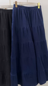 กระโปรงผ้าฝ้าย กระโปรงยาว กระโปรงระบายยาว 5 ชั้น ผ้าสาลูสองชั้นอบย่น เนื้อผ้านุ่ม ไม่บาง มีกระเป๋า