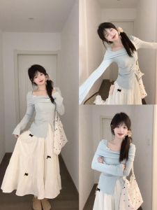 Fall Fashion plus Size Elegant Long Dress Two Piece Set High Waist A-Line Skirt Sleeveless Long Sleeve High Neck Low Neck
