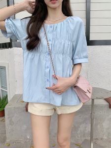 plus Size Womens French Style Short Sleeve Bubble Shirt Summer Slimming Tummy Covering Top Straight Cut Korean Style Polyester Fiber