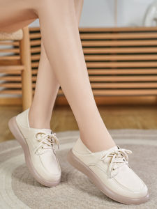 รองเท้าส้นแบนหนังแท้ผูกเชือกสไตล์อังกฤษสำหรับผู้หญิง ทรงหัวมน พื้นยางนุ่ม สวมใส่สบาย ฤดูใบไม้ผลิและฤดูร้อน รองเท้าแฟชั่นสำหรับวัยรุ่น