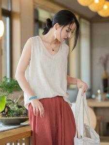Linen V-Neck Camisole Womens Summer New Casual Base Layer French Loose Short Sleeveless Vest Versatile Loose Fit Basic Solid Color