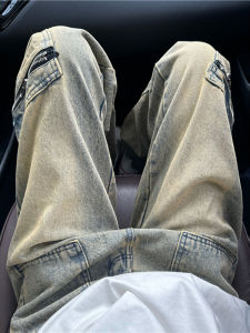 American Retro Mud Dye Zipper Pocket Workwear Jeans Mens Trendy High Street Vibe Loose Wide Leg Pants Youth Casual Jeans