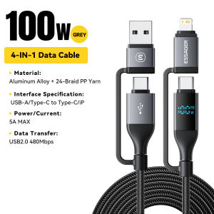 Cáp USB Hiển Thị Kỹ Thuật Số 4 Trong 1 Essager 100W PD Sạc Nhanh Type C Cho iPhone MacBook iPad Xiaomi - Dây Sạc & Đồng Bộ Dữ Liệu