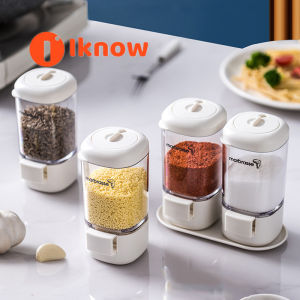 I know Measuring seasoning box press type rotary seal household kitchen salt and MSG seasoning jar combination suit suit with tray