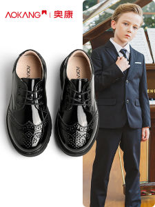 Aokang Genuine Leather Boys Shoes Black Performance Campus Style Children Footwear round Toe Soft Surface Rubber Outsole