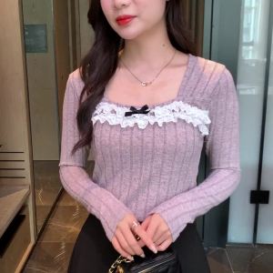 AMMIN 2024 Autumns new French square neck Long sleeve sweet bow lace patchwork knit shirt for women Korean style r striped texture casual elegant blouse