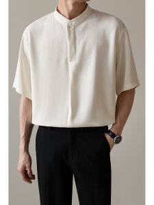 เสื้อเชิ้ตผ้าไหมน้ำแข็งชายฤดูร้อนใหม่สไตล์ธุรกิจลำลองหลวมคอตั้งสไตล์จีน เสื้อเชิ้ตผ้าฝ้ายผสมโพลีเอสเตอร์ แขนสั้น