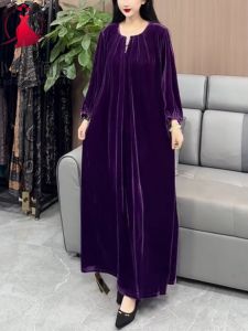 Elegant Pure Color Velvet Dress Fashionable plus Size Womens Clothing Ageless Base Layer Skirt Commute Style Gathered Cuff Elastic Sleeve