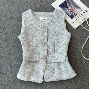 Elegant Pink V-Neck Sleeveless Vest Womens Summer High-End Feel Small Size Knitted Top Commute Style Single Button Closure