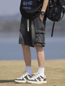 Smoke Grey American High Street Retro Mens Denim Shorts Straight Leg Five-Quarter Length Casual Workwear Summer Jeans