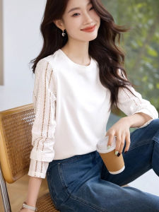 ทันสมัย ผ้าฝ้าย Blend Long Sleeve T-shirt With Hollow Out ดีไซน์ And Patchwork For ฤดูใบไม้ผลิ ฤดูใบไม้ร่วง Season เรียบหรู And Youthful