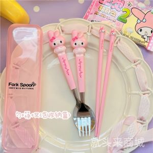 Sanrio Cute Stainless Steel Fork Spoon and Chopsticks Suit For Home Portable Kids Cinnamon Dog Spoon Tableware Three-Piece Set
