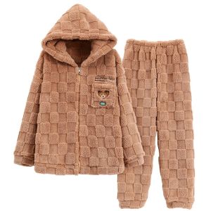 Womens pajamas for autumn and winter coral velvet thickened and plush warm flannel home wear hooded zipper suit