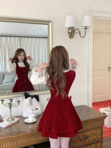 Red Velvet Vest Dress Womens Autumn Winter New Year Party Wear Q Female Family Soft A-Line Short Skirt Backless Black Dress