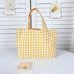 Portable Womens Bento Handbags Simple Plaid Ladies Small Tote Purse Shoulder Bags Retro Female Cloth Reusable Shopping Bag