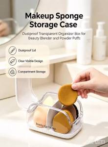 Dustproof Beauty Sponge Storage Box with Lid Divided Makeup Blender & Powder Puff Organizer for Vanity Desk