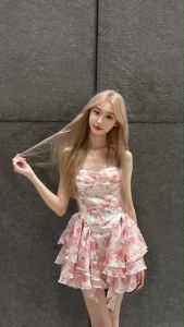 TW22107  เดรสสั้นชีฟองกระโปรงระบายชั้น ..