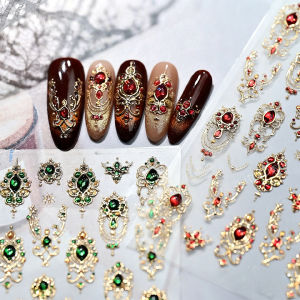 1Pcs 5D Emerald Ruby Baroque Scepter Nail Stickers Luxury Imitation Gemstone Jewelry Crown Necklace Nail Decals DIY Nail Supplie