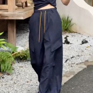 Trendy Korean Style Loose Fit Casual Cargo Pants Blue Color Drawstring Pocket Quick Dry Breathable Thin Leg Autumn Wear