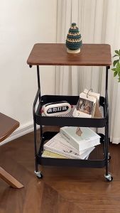 3 Tier Rolling Storage Cart with Wooden Tabletop Kitchen Household Trolley Cart Organizer Mobile Organizers Metal Utility Cart Multi-level Shopping Transport Storage Shelf Rack Wheels for Kitchen Office Bedroom Bathroom