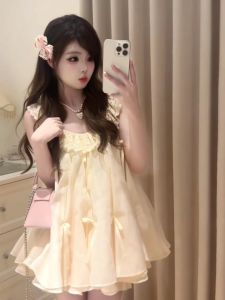 ชุดเดรสสไตล์เจ้าหญิงแขนสั้นสไตล์ฝรั่งเศส ดีไซน์หวานและสง่างาม พร้อมโบว์ผีเสื้อ ช่วงฤดูร้อน กระโปรงทรงโพลีเอสเตอร์ กระโปรงสั้น