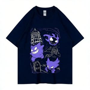 Bandai | Pok É Mon Pocket Monsters Geng Gui Same Style Printed Short Sleeved T-shirt for Men and Women Trendy Cartoon Loose