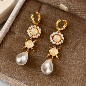Long Drop Pearl Earrings Womens Fashion Jewelry Gold Plated Moonstone Teardrop Earrings Luxury Sensation Elegant Drop Earrings