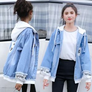 Spring 2025 Womens Loose Fit Casual Fashionable Denim Jacket Korean Style Student Top Cotton Long Sleeve Hooded Coat