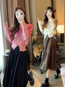 Korean Style Womens Autumn Fashion Sweater Knitted Top And Skirt Two-Piece Set Long Sleeve V-Neck Pullover Polyester Fiber