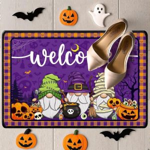 VIKAMA Gothic Cute Mixed Halloween Doormat Crow Gnome Pumpkin Ghost Non Slip Rug for Front Door Porch Indoor Fall Party Decor