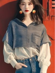 Outlet Store Clearance Brand Design Loose Fit Two-Piece Plaid Hoodie Womens Autumn Korean Style Long Sleeve Cotton Jacket