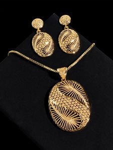 SEQUITO Elegant Bridal Wedding Jewelry Set Golden Patterned Flower Long Drop Earrings Chain Necklace Engagement Gift SJ423