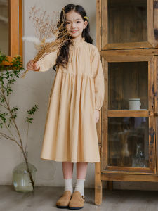 Girls Cotton Long Dress Autumn Wear Spring Summer Outfit Korean Style A-Line Skirt Pure Color Princess Dress for Kids