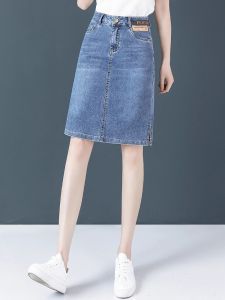 High Waist Midi Denim Skirt Womens Spring Summer New Style Thin Bodycon A-Line Skirt Short plus Size Jeans Blue Color